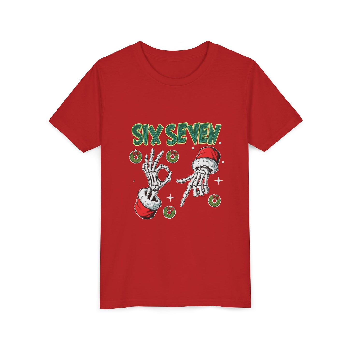 Six Seven Skeleton Hands Youth Tee | Christmas Santa Wreaths