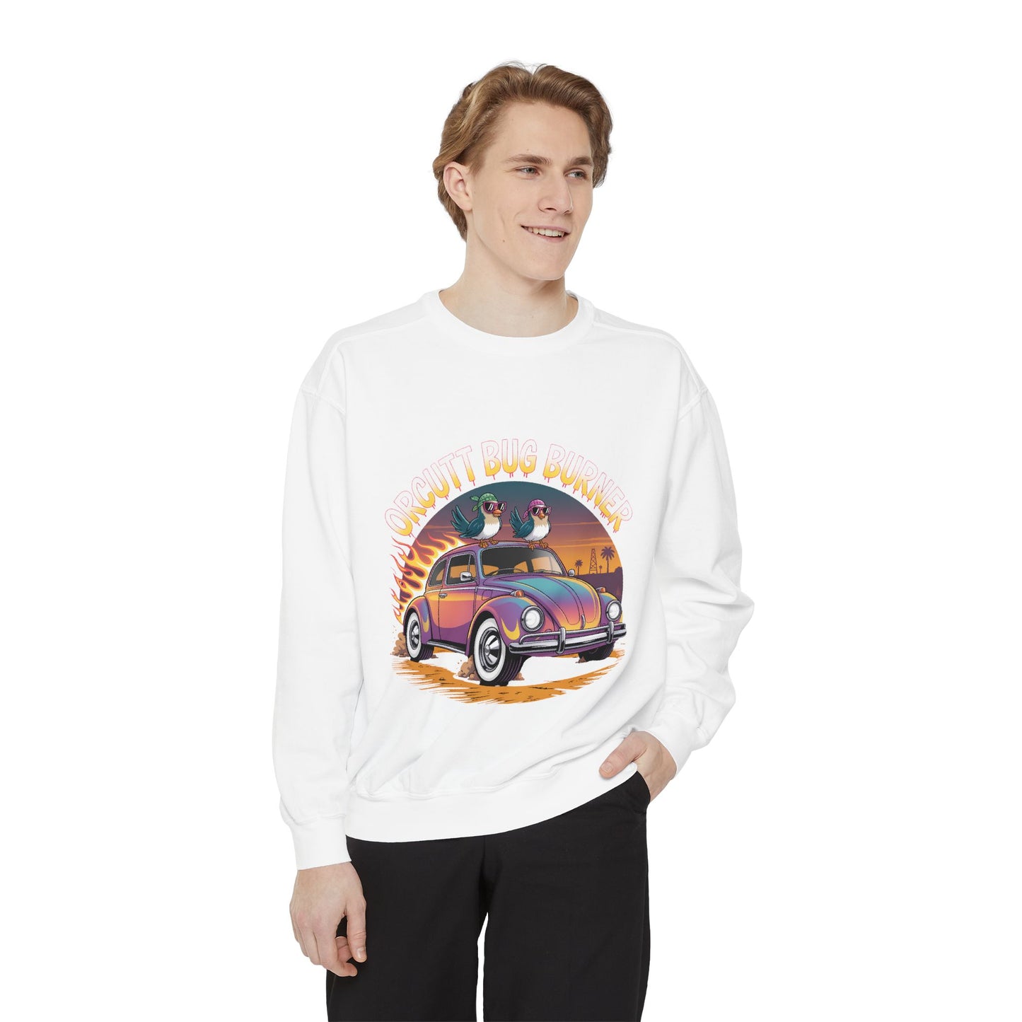 Retro VW Beetle Sunset Sweatshirt | Vintage Car Beach Cruise