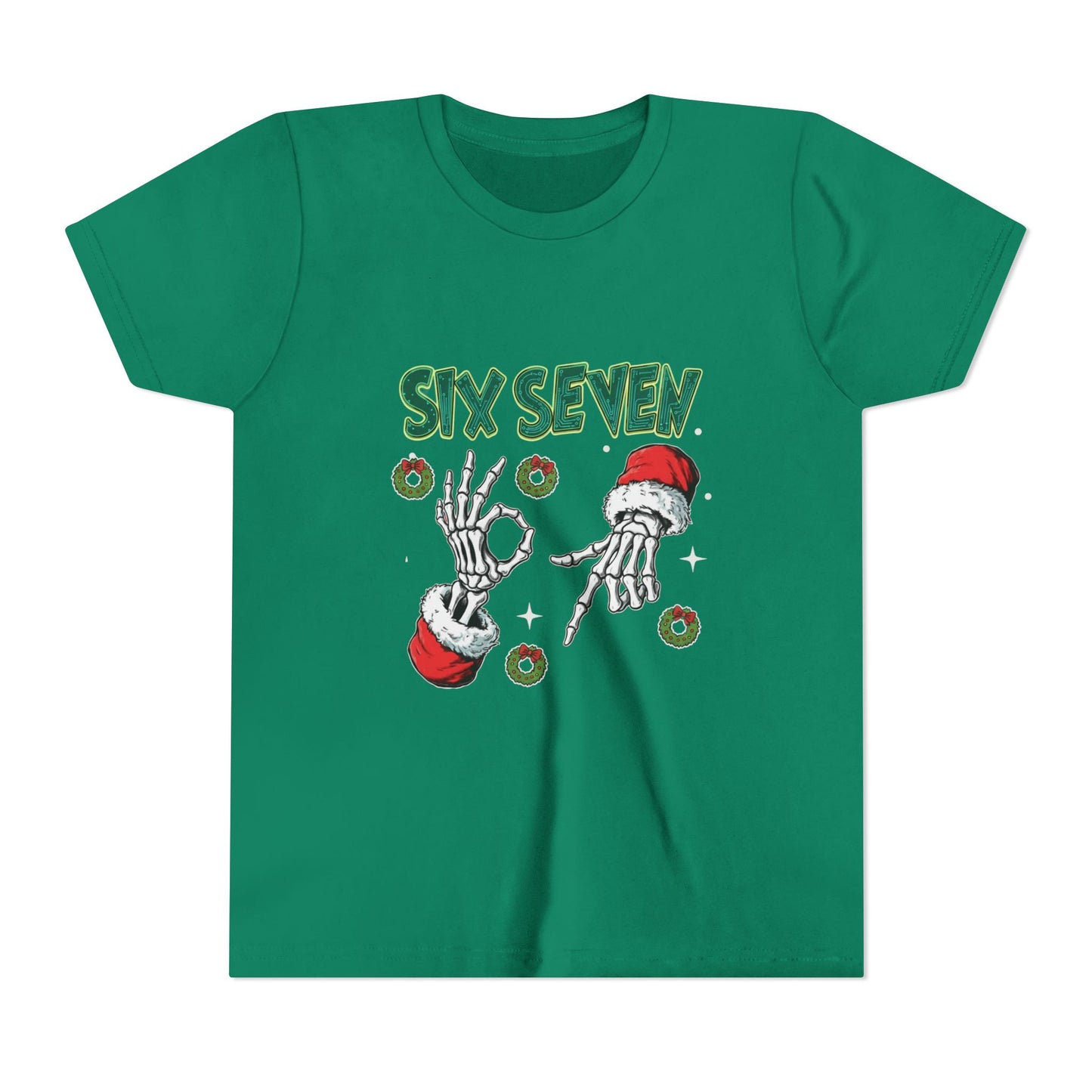 Six Seven Skeleton Hands Youth Tee | Christmas Santa Wreaths