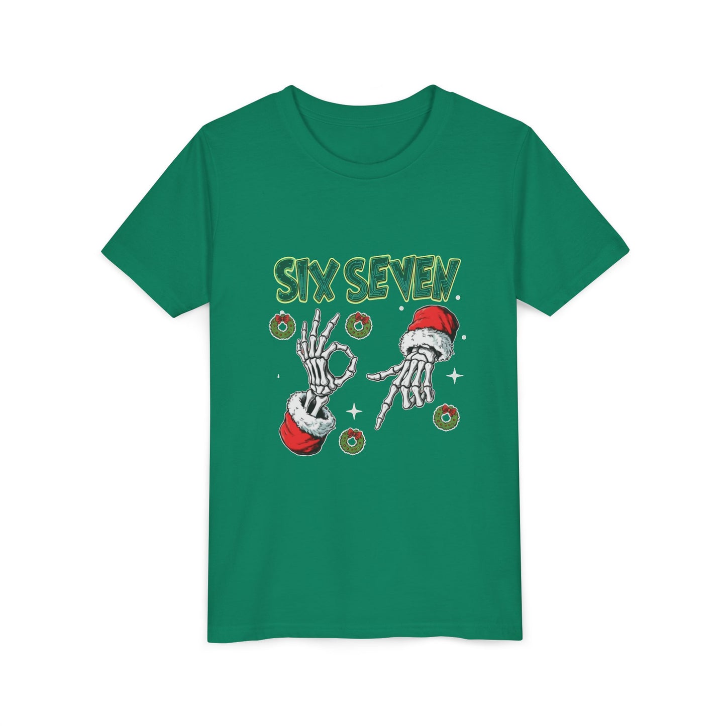 Six Seven Skeleton Hands Youth Tee | Christmas Santa Wreaths