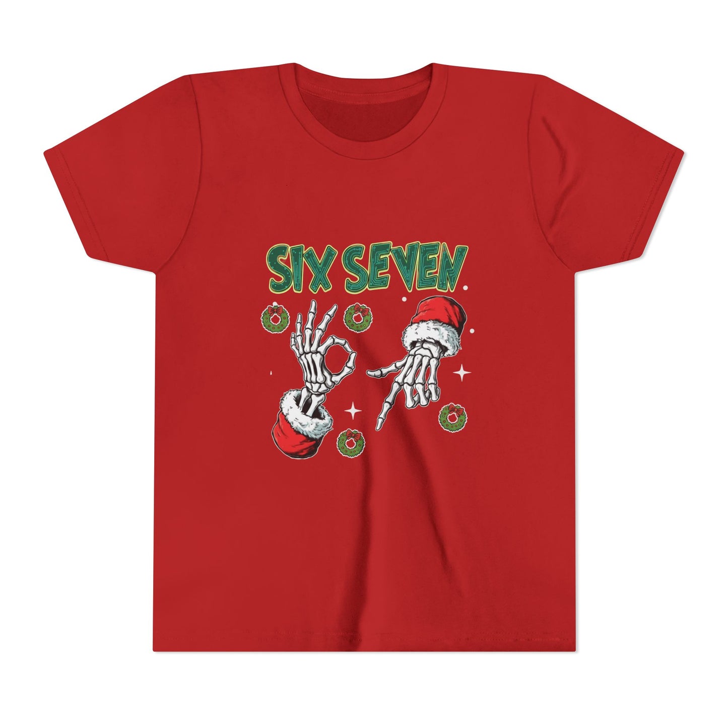 Six Seven Skeleton Hands Youth Tee | Christmas Santa Wreaths