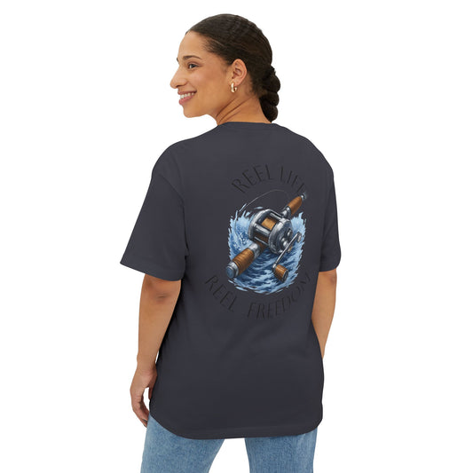Fishing Reel Tee — "Reel Life, Reel Freedom" Oversized Boxy Shirt